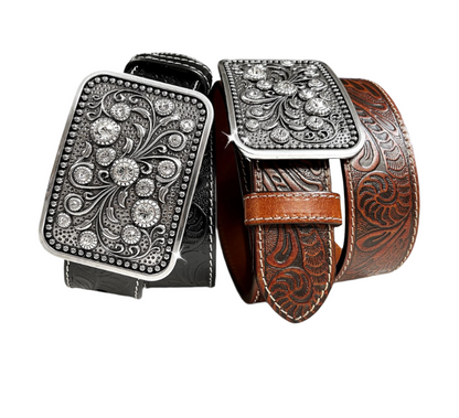 Rhinestone Buckle Belt Genuine Full Grain Engraved Leather Belt 1-1/2"
