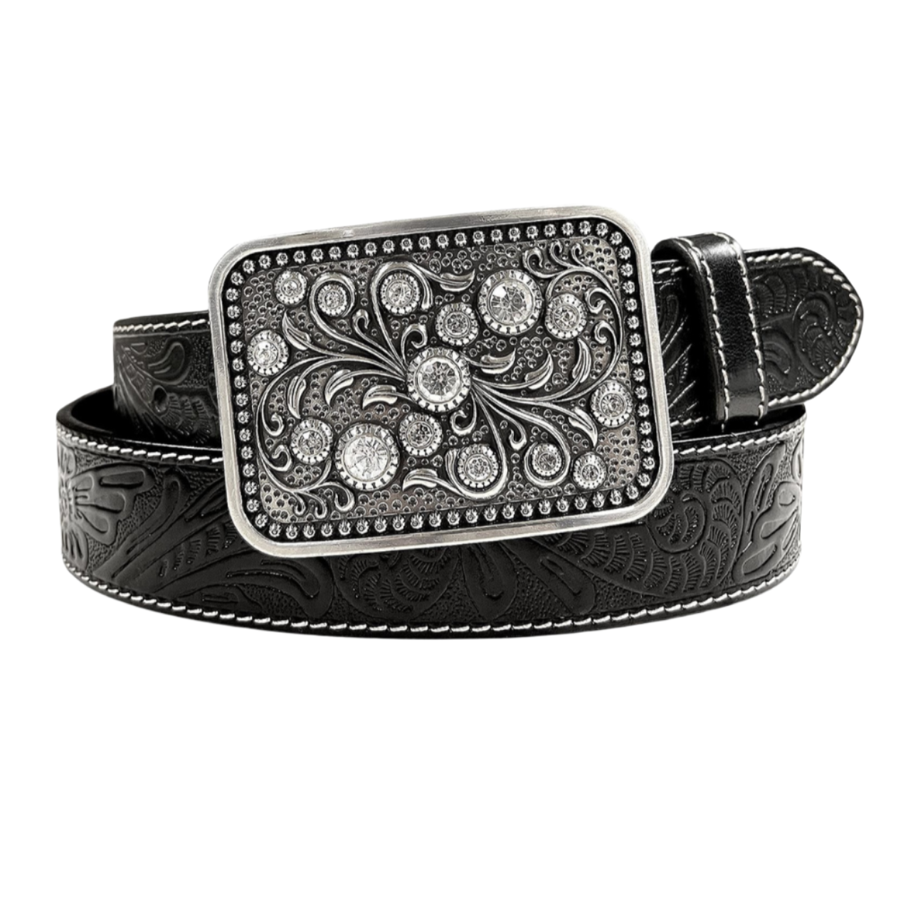 Rhinestone Buckle Belt Genuine Full Grain Engraved Leather Belt 1-1/2"