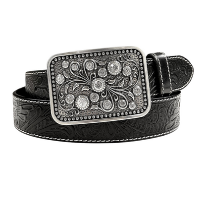 Rhinestone Buckle Belt Genuine Full Grain Engraved Leather Belt 1-1/2"