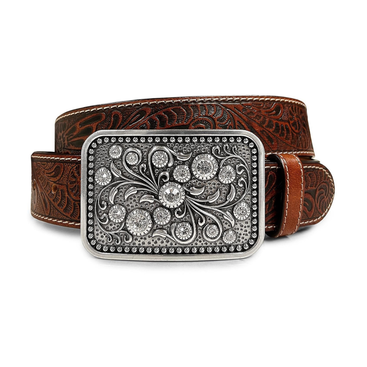 Rhinestone Buckle Belt Genuine Full Grain Engraved Leather Belt 1-1/2"
