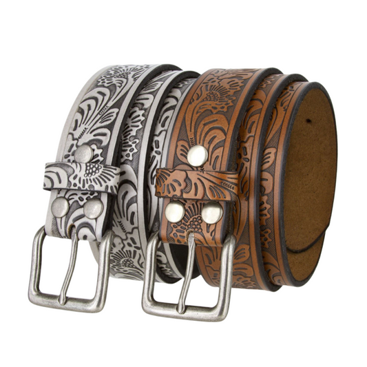 Floral Embossed Genuine Leather Belt 1-1/2"