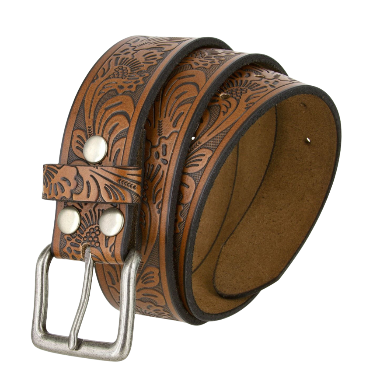 Floral Embossed Genuine Leather Belt 1-1/2"