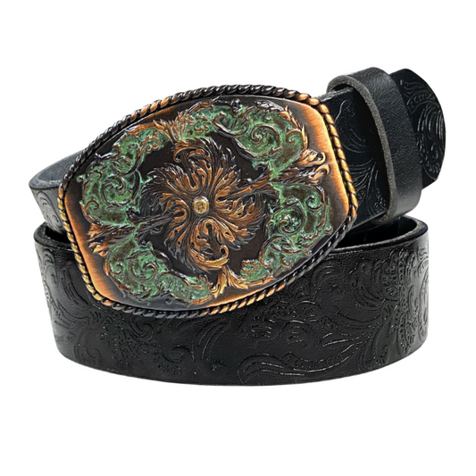 Antique Floral Tooled Genuine Full Grain Leather Belt 1-1/2"Wide