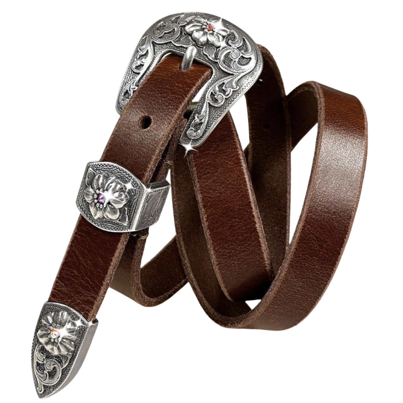 Rhinestone Crystal Antique Engraved Buckle Genuine Full Grain Leather Belt 3/4" Wide