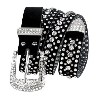 Rhinestone Crystal Studded Suede Leather Belt 1-3/8"