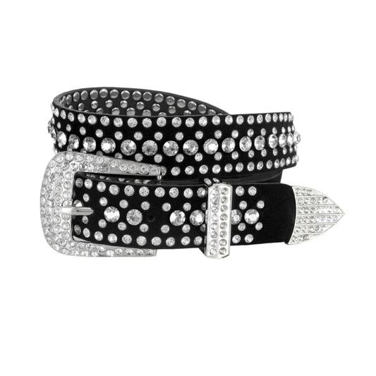 Rhinestone Crystal Studded Suede Leather Belt 1-3/8"