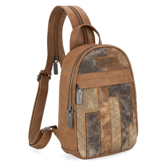 Wrangler Denim Patchwork Mini Backpack with Detachable Coin Pouch - Brown