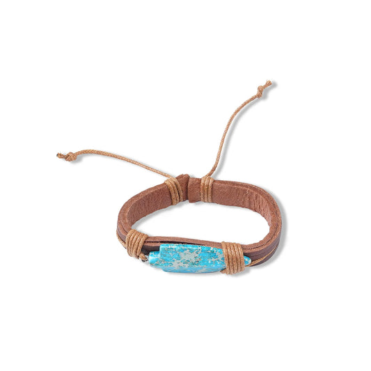 Natural Stone With Leather Cord Bracelet -Turquoise/Lt Brown