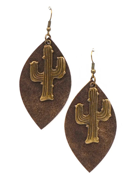 Leaf Shape Leather-Rippled Texture Earring with Cactus - Gold