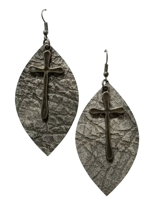 Leaf Shape Leather Texture Earring with Cross Charm