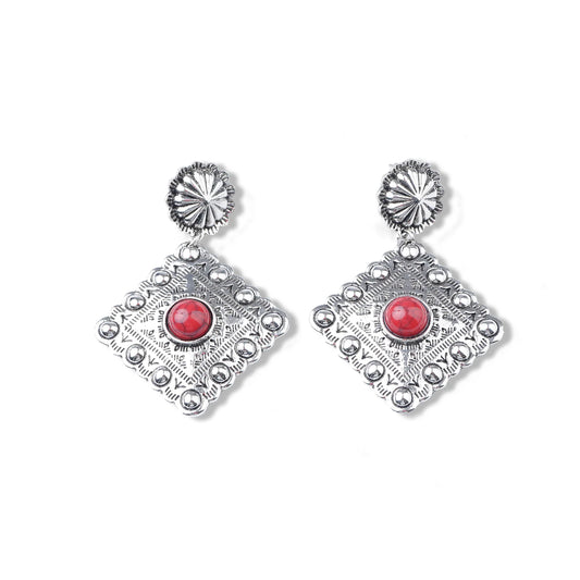 Red Stone with Silver Rhombus Shape Earring