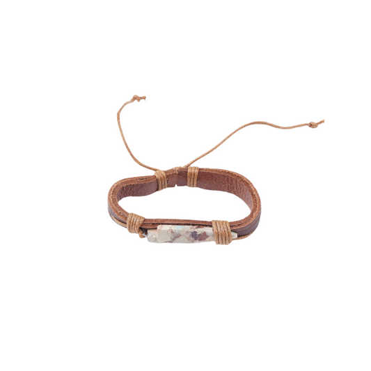 Natural Stone With Leather Cord Bracelet -Natural/Lt Brown