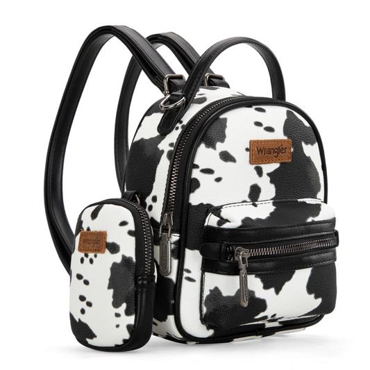 Wrangler Cow Print Trimmed Mini Backpack With Coin Pouch - Black/White