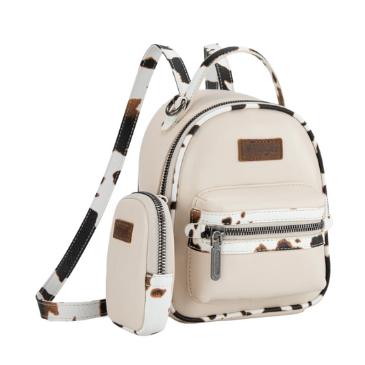 Wrangler Cow Print Trimmed Mini Backpack With Coin Pouch - Tan