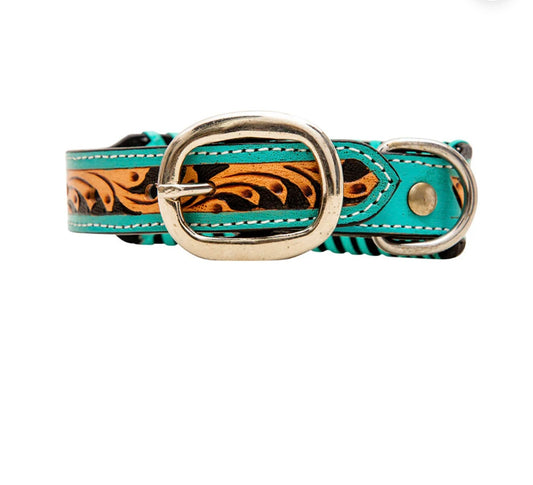 Acety Hand-Tooled Leather Dog Collar Aqua