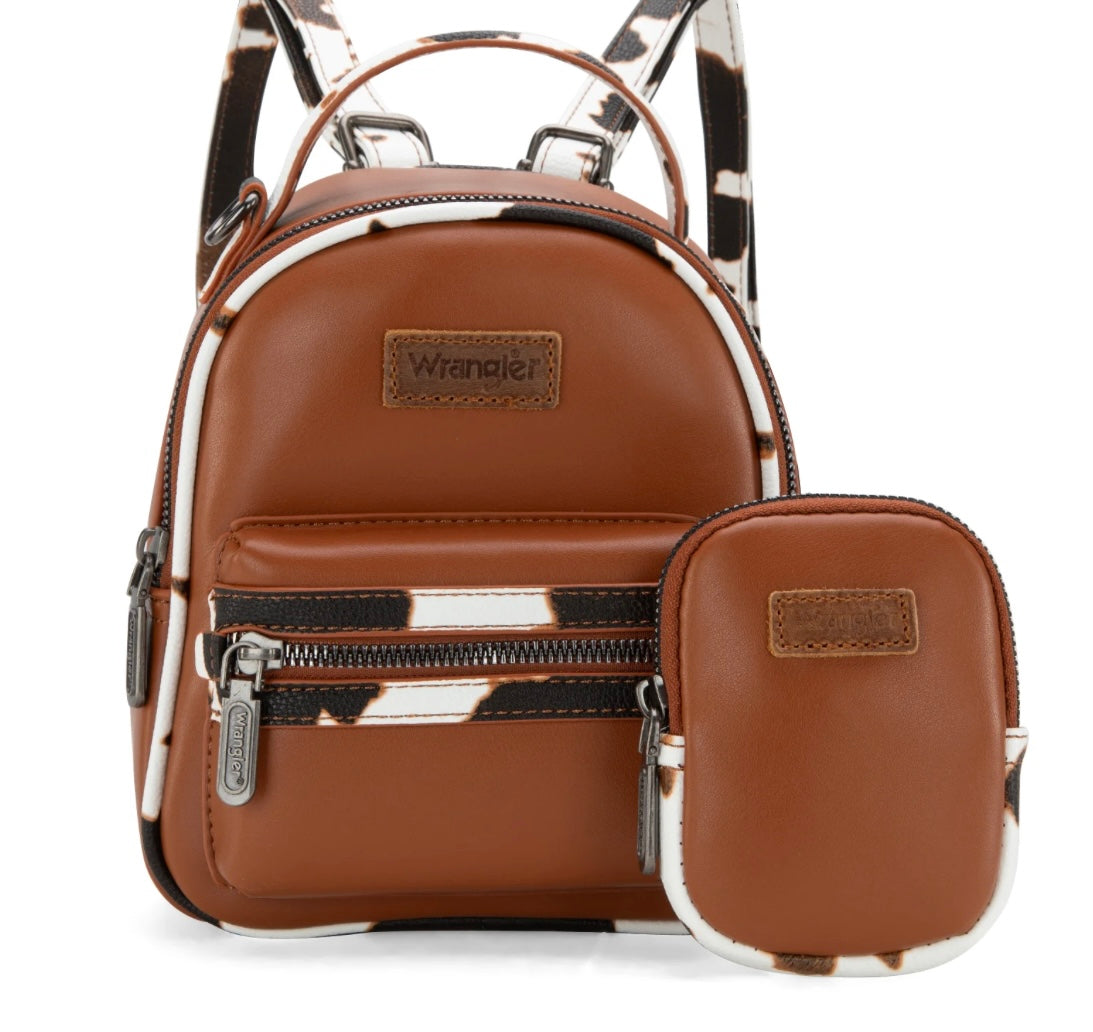 Wrangler Cow Print Trimmed Mini Backpack With Coin Pouch - Brown
