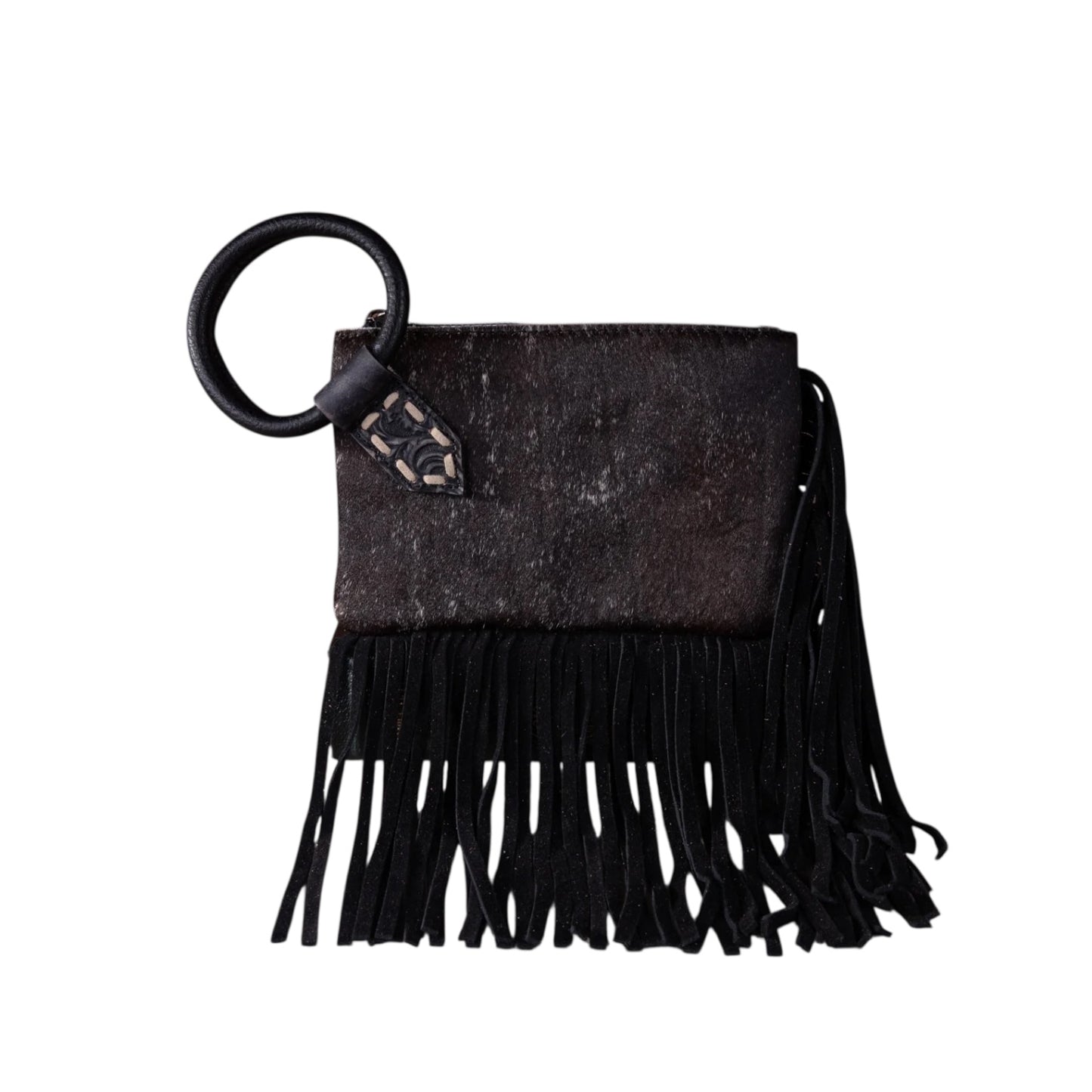 Trinity Ranch Genuine Hair-On Cowhide Ring Handle Wristlet Clutch Bag - Black
