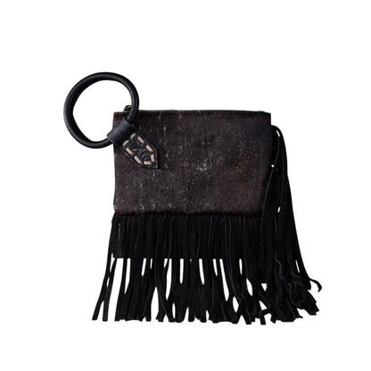 Trinity Ranch Genuine Hair-On Cowhide Ring Handle Wristlet Clutch Bag - Black