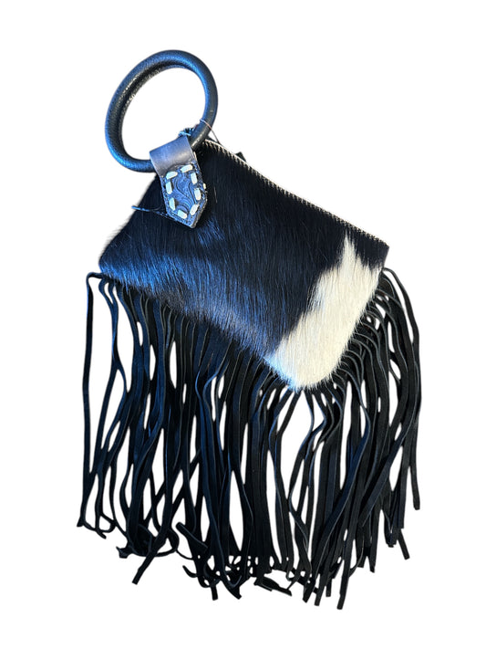 Trinity Ranch Genuine Hair-On Cowhide Ring Handle Wristlet Clutch Bag Black