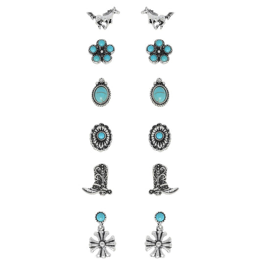 Assorted 6-Pair Western Themed Turquoise Stud Earrings Set