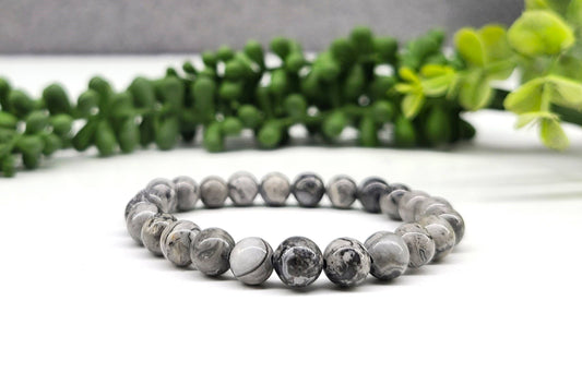Map Jasper Gemstone Bracelet Stretchable 8mm Beads, 7.5"L