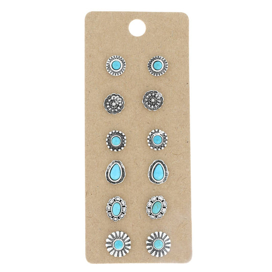 Western Style 6 Pair Assorted Concho Stud Earring Set