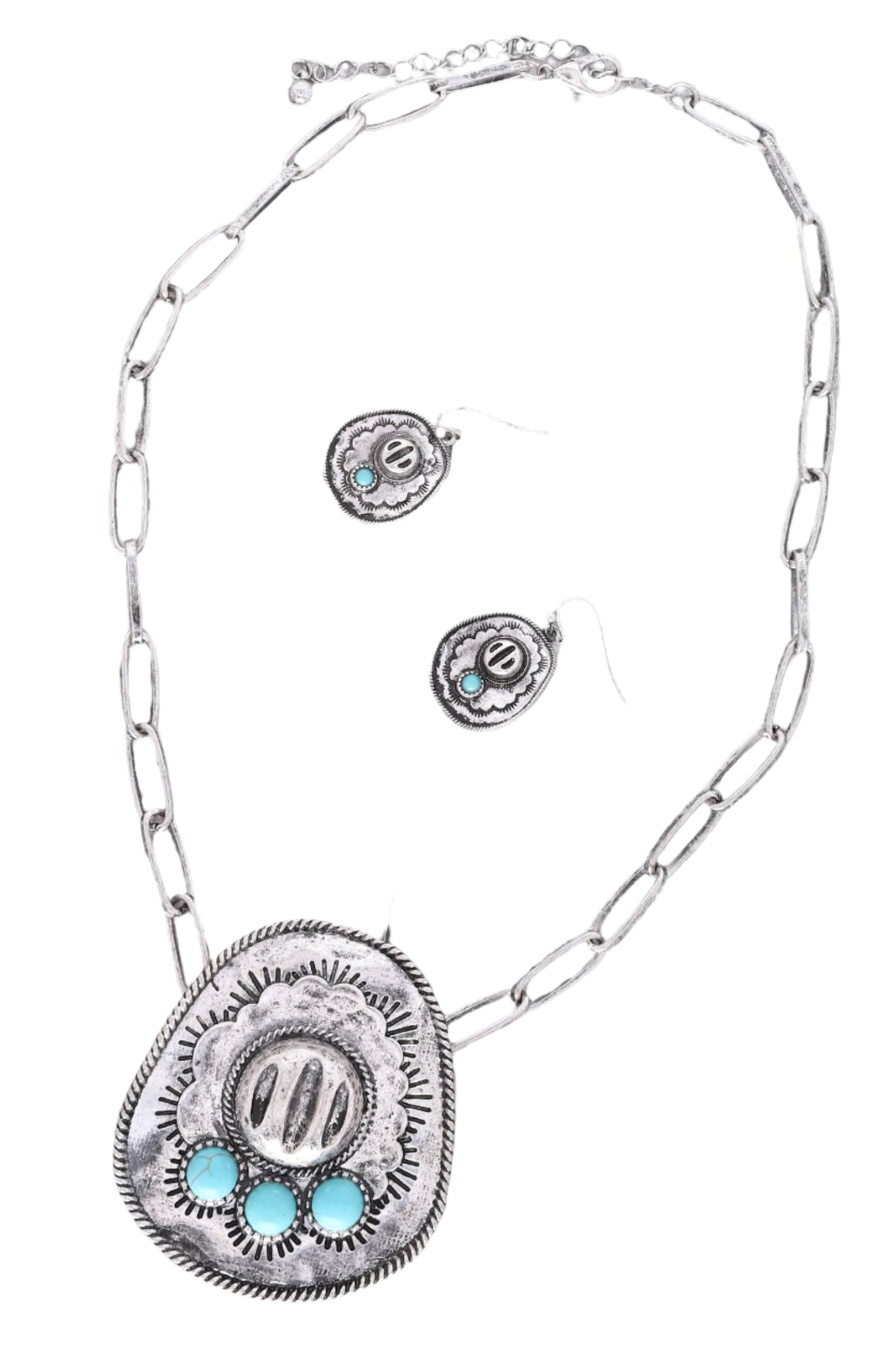Large Semi Stone Cowboy Hat Pendant Chain Necklace Set
