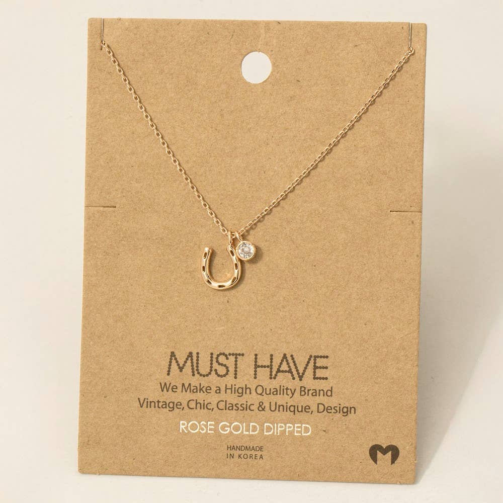 Gold Dipped Horse Shoe And Cz Charm Necklace