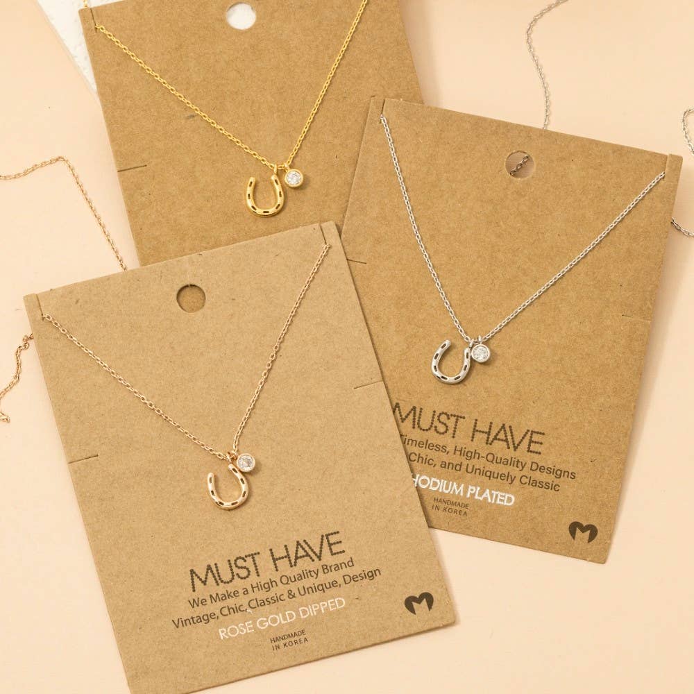Gold Dipped Horse Shoe And Cz Charm Necklace