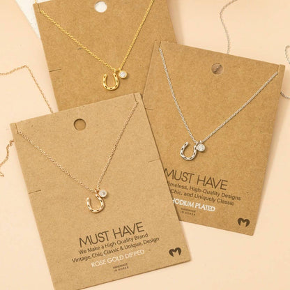 Gold Dipped Horse Shoe And Cz Charm Necklace