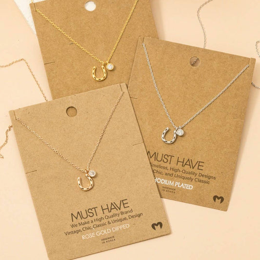 Gold Dipped Horse Shoe And Cz Charm Necklace